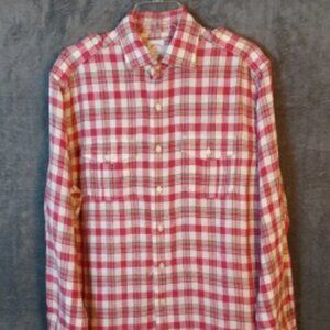 NWOT Brooks Brothers 346 Shirt Mens Medium 100% Linen Red White Check Epaulettes